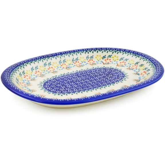 Polish Pottery 11½-inch Oval Platter (Spring Flower Ring Theme) Hand Painted in Boleslawiec, Poland Certificate of Authenticity