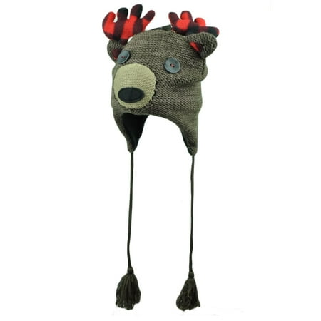 Crochet Knit Beanie Deer Plaid Antler Tassel Hat Toque Skull Brown