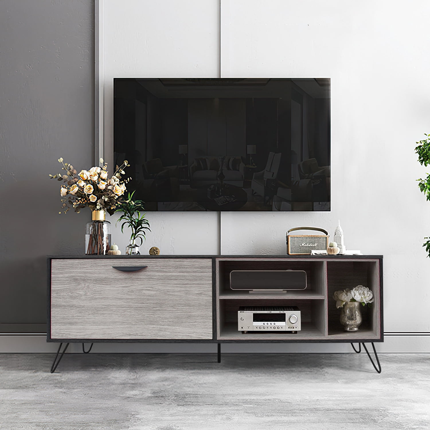 Kadyn Fiberboard TV Stand Console, Modern TV Console with Cabinet & Shelves, Mid Century TV Stand for TV up to 65 Inch, Plaid Grey Oak Kadyn Fiberboard TV Stand Console, Modern TV Console with Cabinet & Shelves, Mid Century TV Stand for TV up to 65 Inch, Plaid Grey Oak