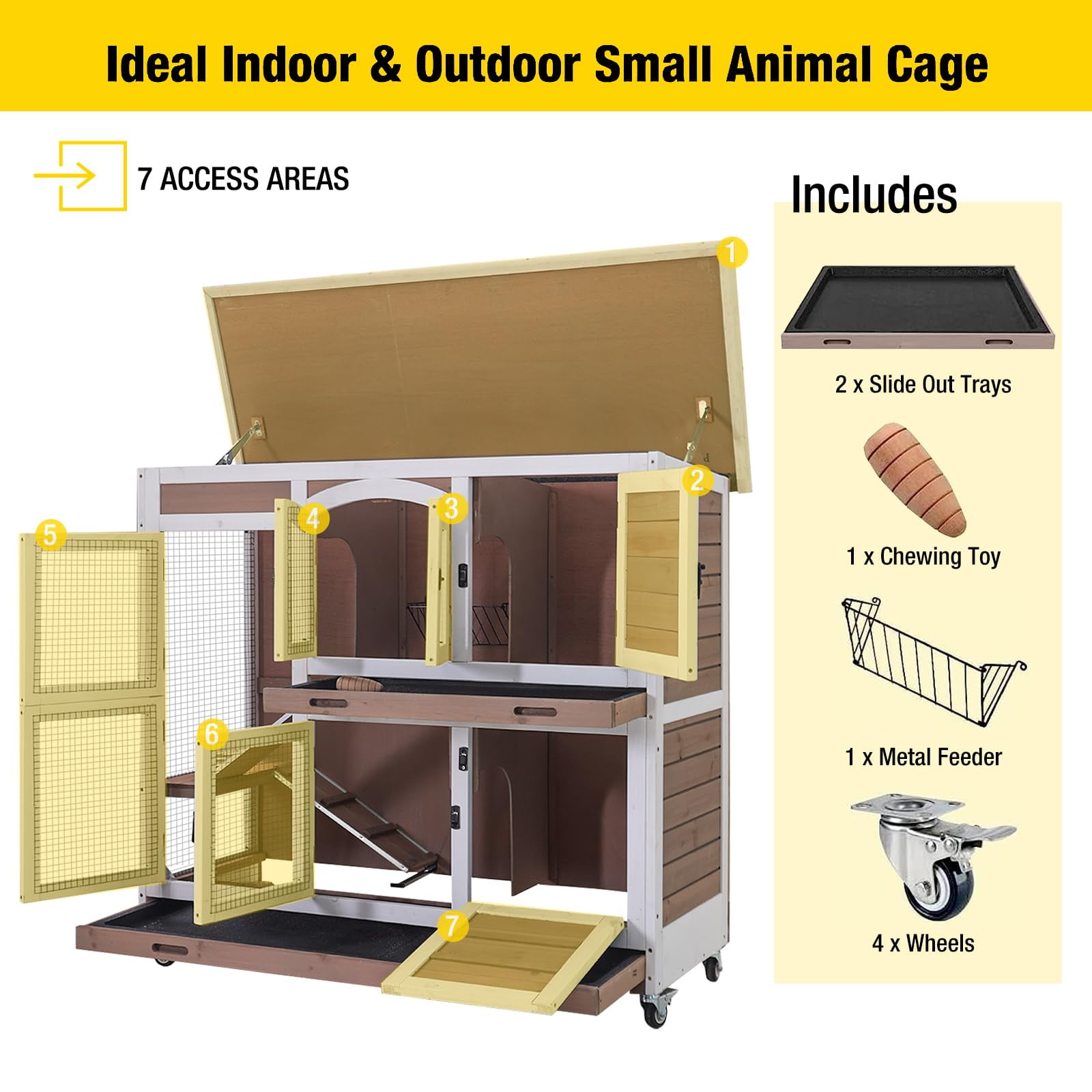 Aivituvin Wood Rabbit Hutch Bunny Cage with Wheel, Two Layer Guinea Pig House for Outdoors & Indoors, Brown