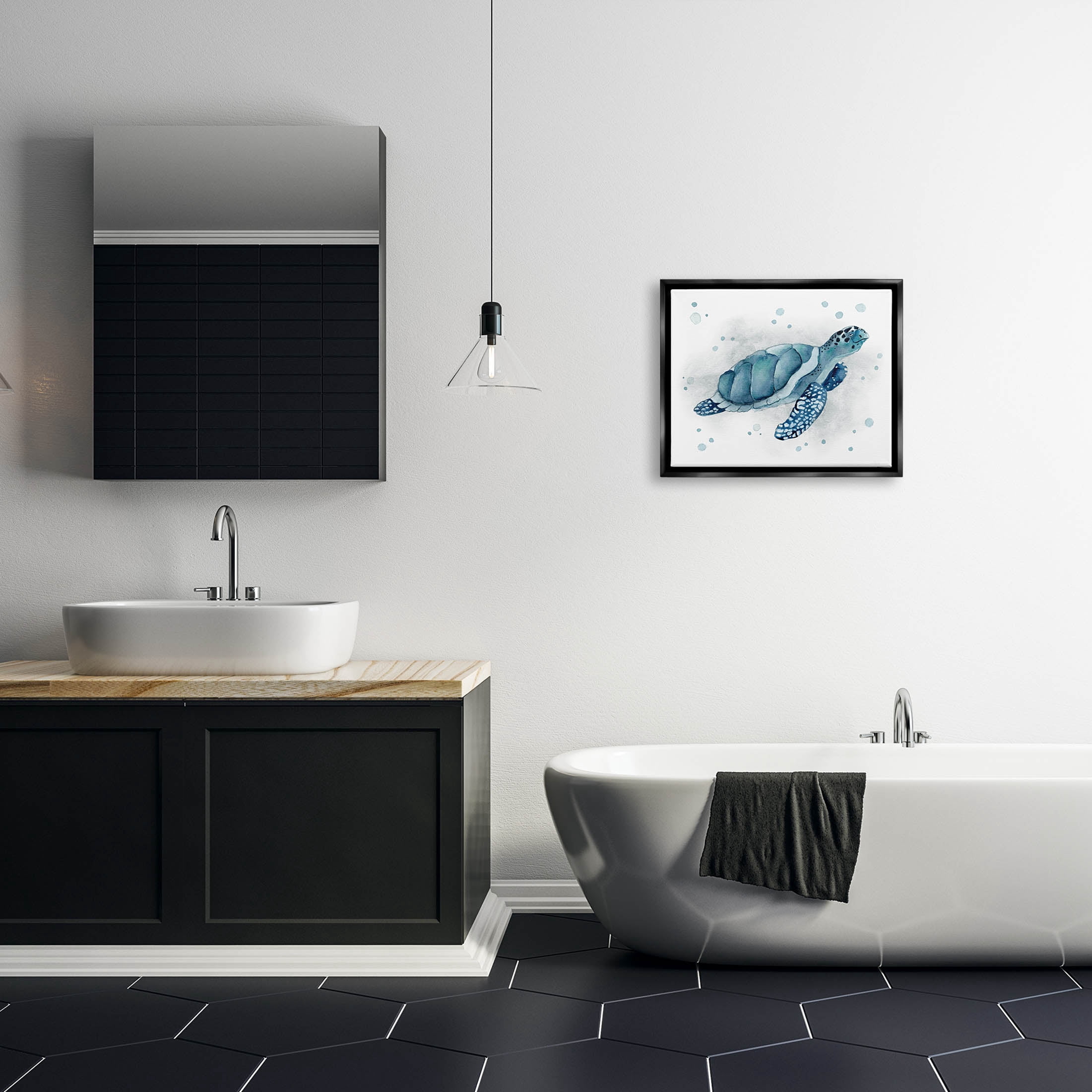 Stupell Industries Blue Happy Turtle Bubbles Graphic Art Jet Black Floating Framed Canvas Print Wall Art, Design by Janet Tava