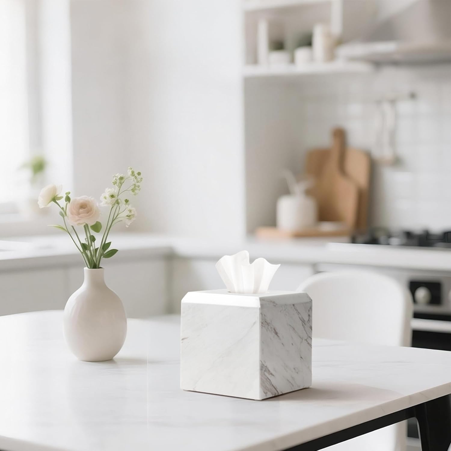 Tissue Box Cover Italy Natural Marble Heavy Duty Square Facial Toilet Paper Holder for Bathroom Living Room Bedroom Dresser Vanity Kitchen Minimalistic Office Home Decor Jazz White (WH014)