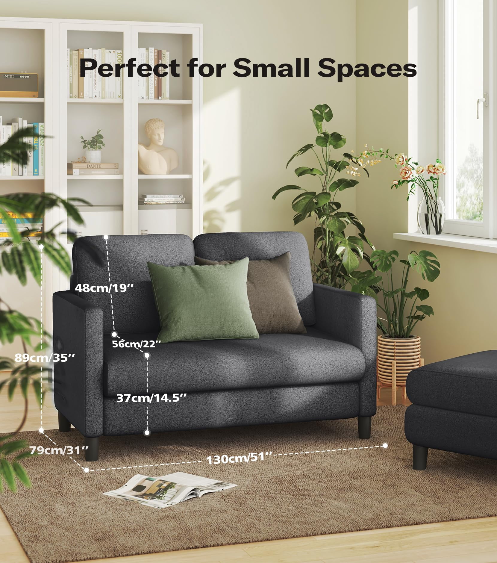 Welzona 51" Teddy Fabric Loveseat Sofa, Small 2-Seater Couch for Small Spaces, Tool-Free Assembly, Grey