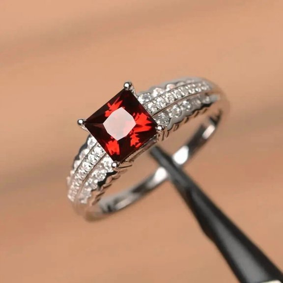 2Ct Princess Cut Lab-Created Red Garnet Women's Engagement Ring 14K White Gold Plated