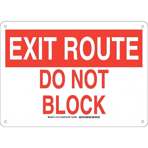 Brady 127173 Fire Safety Sign, Legend "Exit Route Do Not Block", 10" Height x 14" Width, Red on White