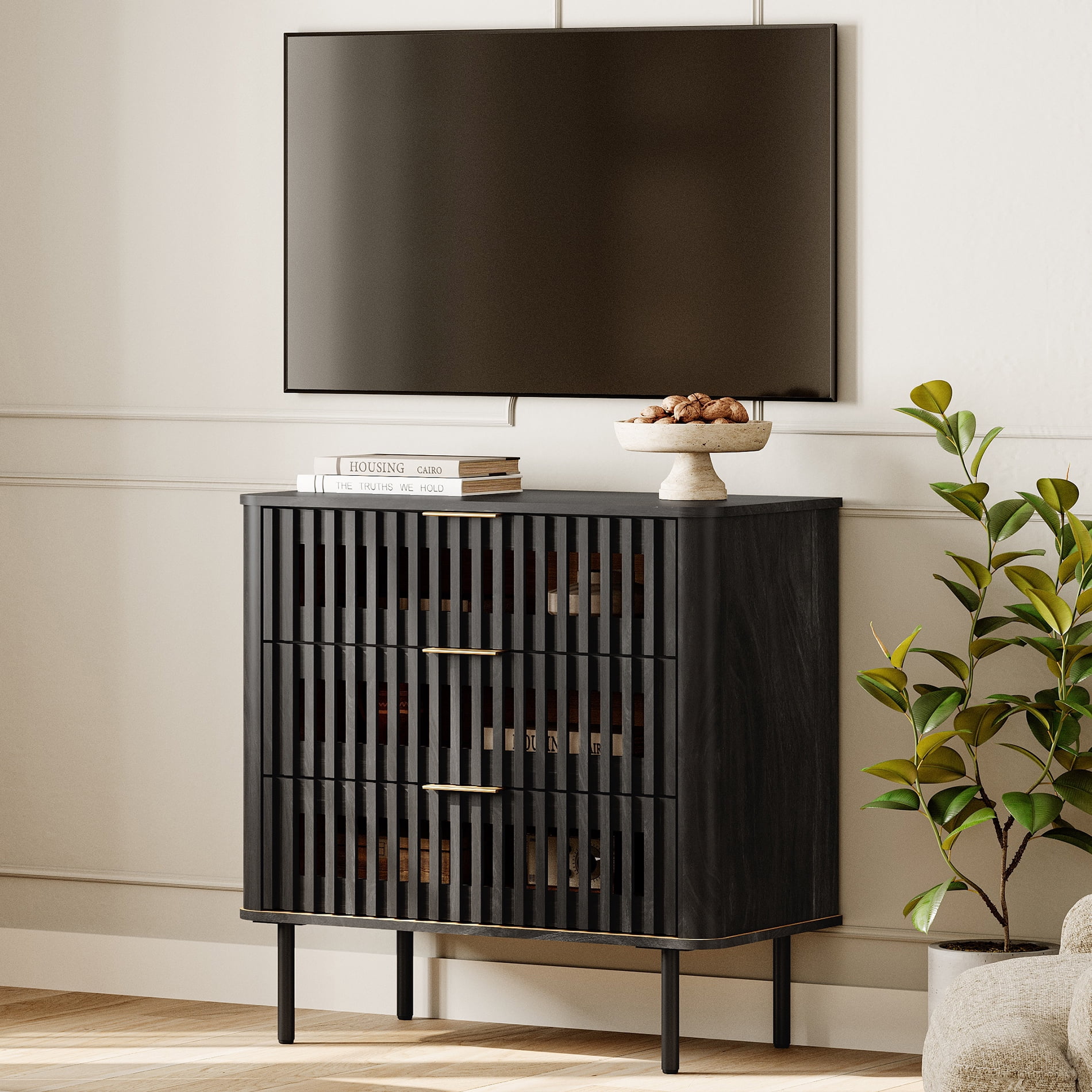 31.5" W Modern TV Stand with 3 Slatted Storage Drawers, Mid-Century Modern Media Console for Living Room/Bedroom, Black
