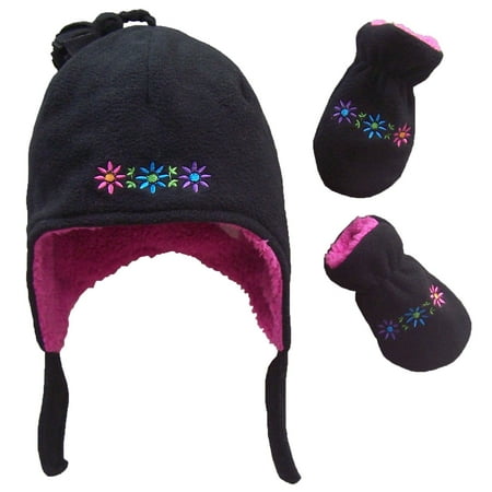 - NICE CAPS Toddler Girls and Baby Sherpa Lined Flowers Embroidered Micro Fleece Hat and Mitten Winter Snow Cold Weather Headwear Accessory Set - Fits Little Kids Children and Infant Sizes