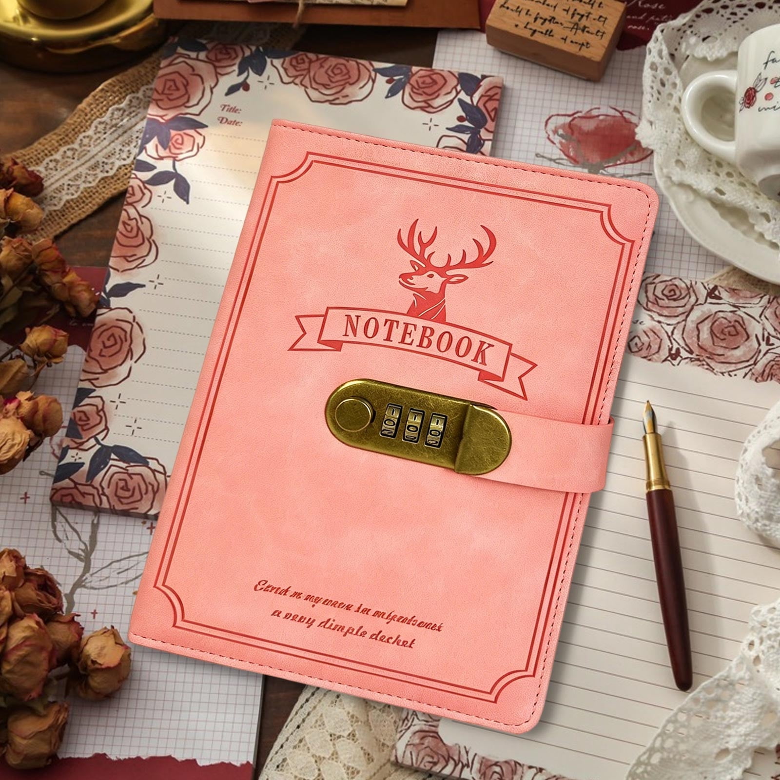 A5 Deer-Head Notebook with Lock and Combination Notepad Business-Style Thickened Diary Planner