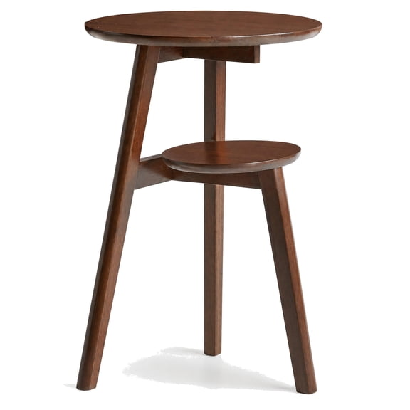 SOLTERIELLE Solid Wood Round End Table, 23.6" Tall 2-Tier Small Coffee Table with Storage Shelf, Mid Century Modern Walnut Coffee Table, Living Room Side Table for Small Spaces, Walnut Brown