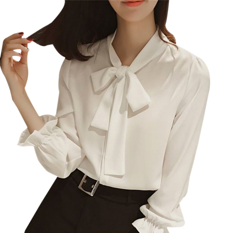 Women Blouse Long Sleeve V Neck Bow Tie 