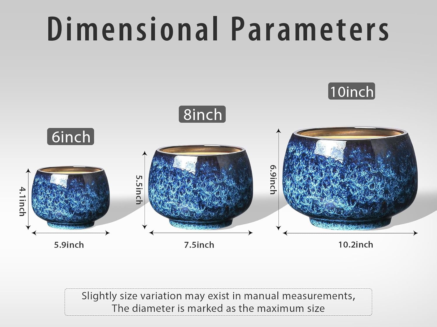 BUYMAX Ceramic Plant Pots , 10+8+6 inch Planters Pots for Indoor Outdoor Plants, Modern Large Flower Pots with Drainage Holes，Flower Pots for Home Garden Decor,Set of 3, Blue