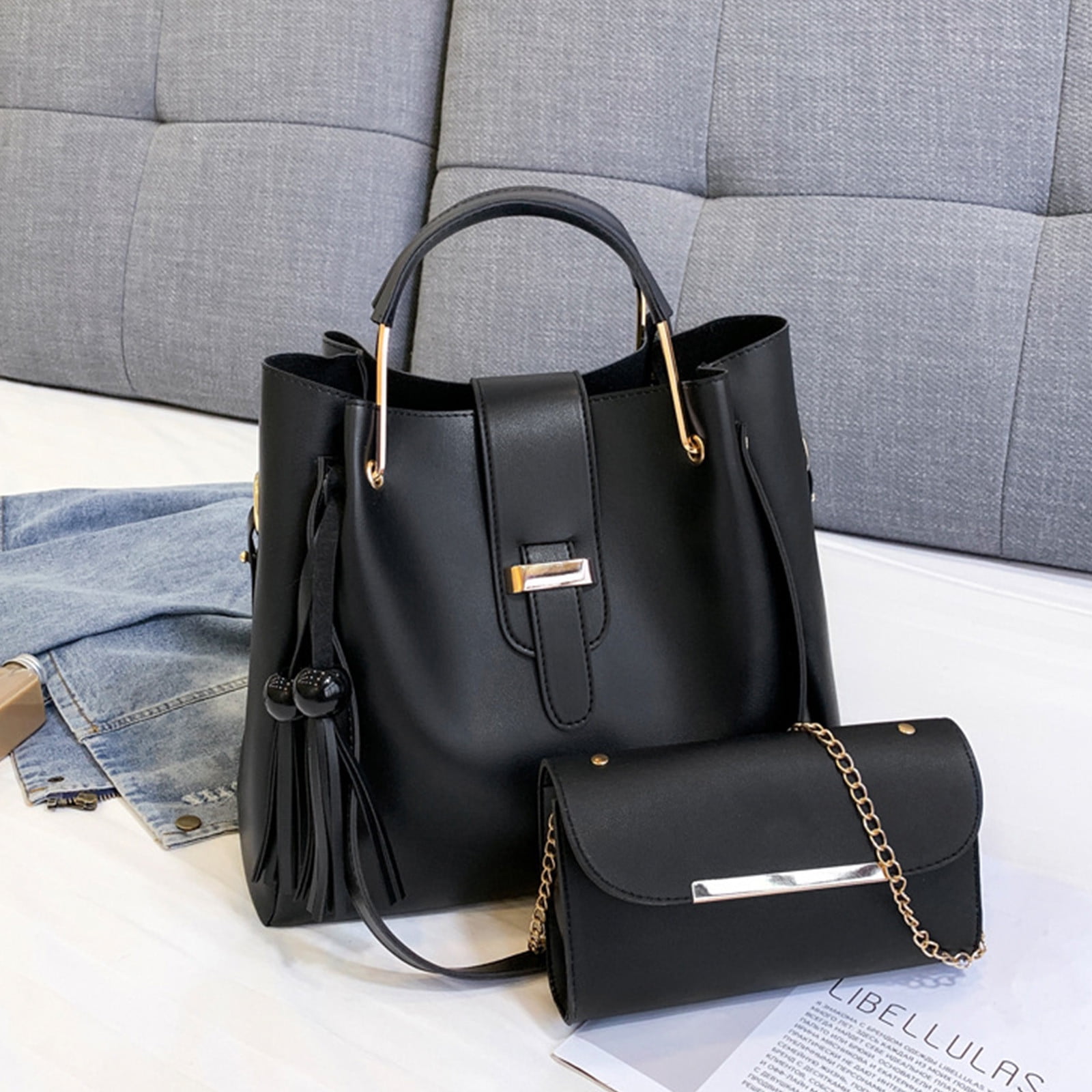 Quinlirra Set of 3 Purses for Women Tote Purse and Wallet Set Shoulder Satchel Bags, Women Handbag Wallet Tote Bag Shoulder Bag, Gifts for Women-Black&Set of 3