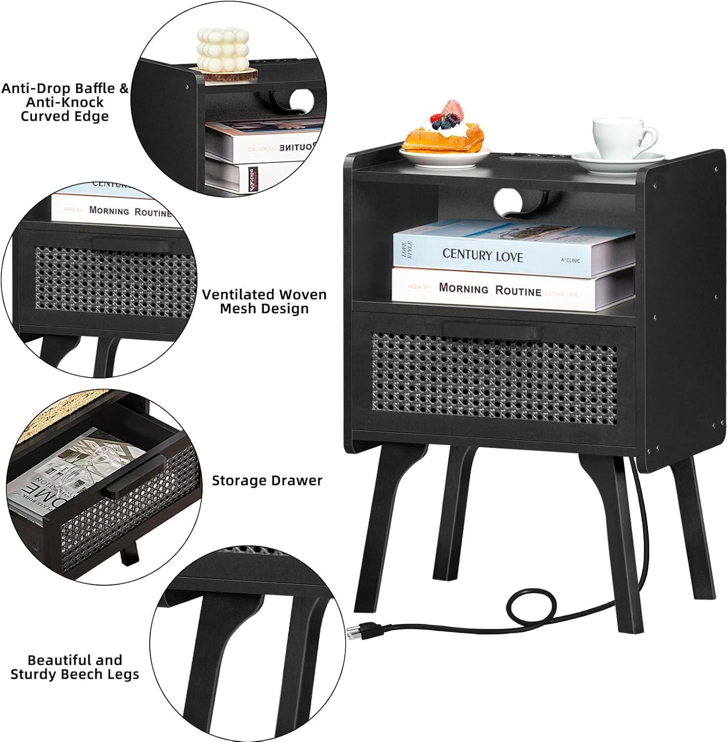 Joaxswe Rattan Nightstand with Power Outlet, End Table Beside Table with 1 Drawer & 1 Open Shelf for Bedroom Living Room, Black