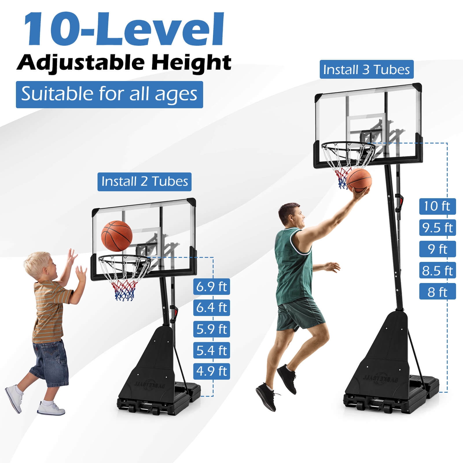 Infans 4.9-10 FT Basketball Hoop System with 44 Inch Shatterproof Backboard  w/Wheels