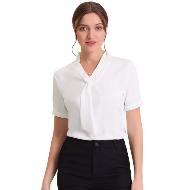 Blusas de gasa con cuello en V casual de manga corta para mujer con corbata blanco XL