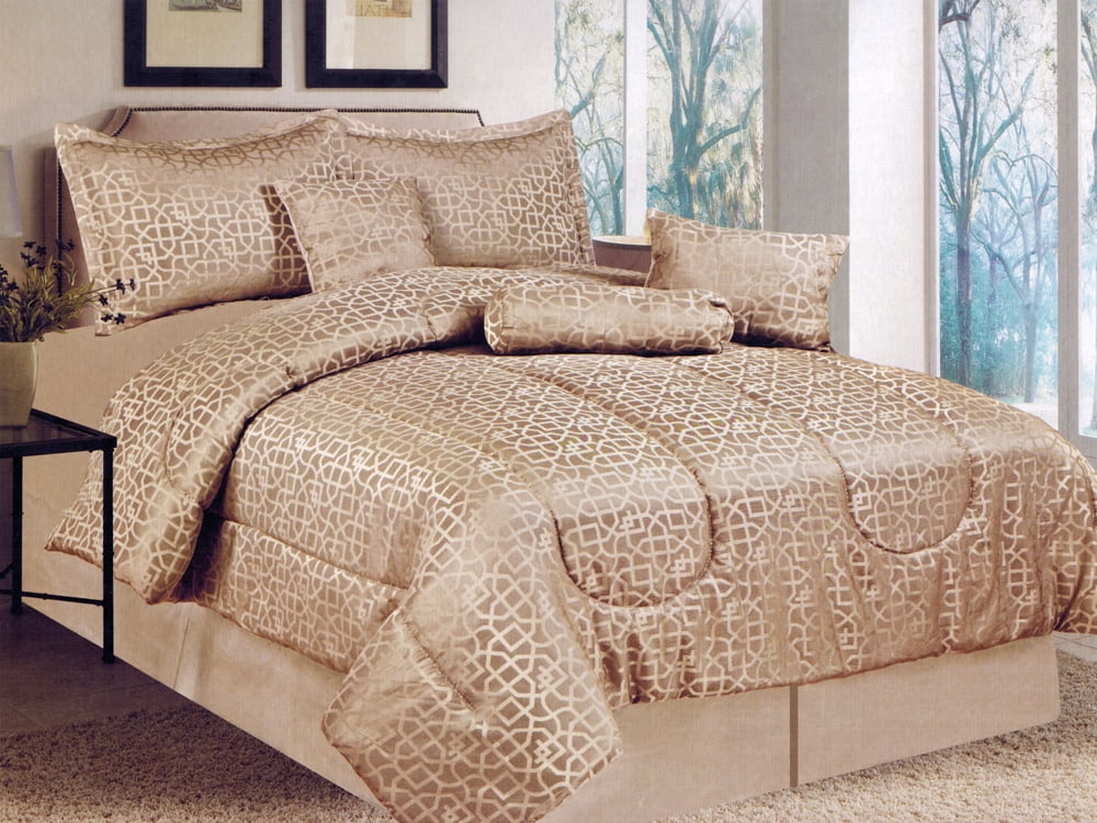 7Pc Royal Majestic Geometric Gold Beige Jacquard Comforter Set Queen