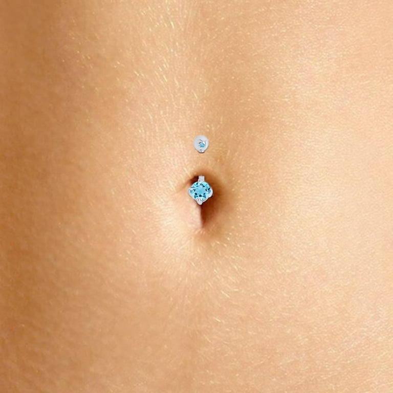 AFFY Round Shape Simulated Aquamarine Body Piercing Belly Button Ring in 14K White Gold Over Sterling Silver