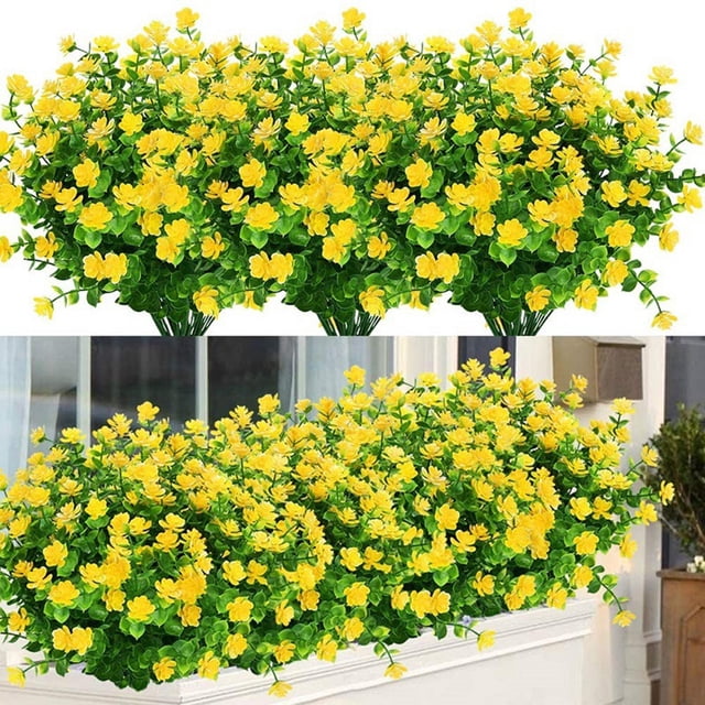 12 paquetes de flores artificiales, flores de plástico sintético, arbustos, plantas, plástico, interior, granja, exterior, resistente , Amarillo Macarena flores de seda