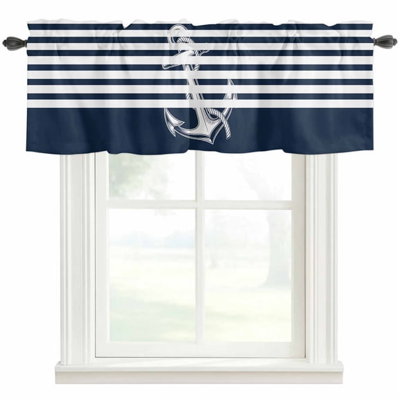 Navy Blue Anchor Farmhouse Short Window Curtain Valances, Nautical Coastal Abstract Art Rod Pocket Kitchen Valances for Living Room Bedroom Bathroom Cafe 42" x 12"