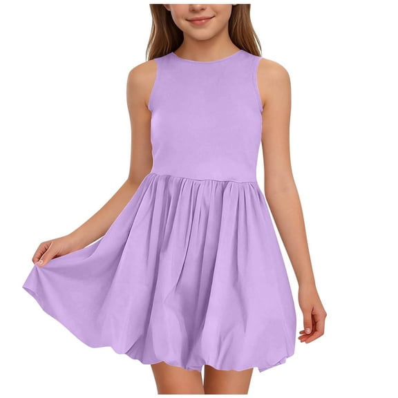 Cethrio Girls Summer Dresses with Puff, Casual Fashion Crew Neck Sleeveless Midi Dresses Purple Size 10-12