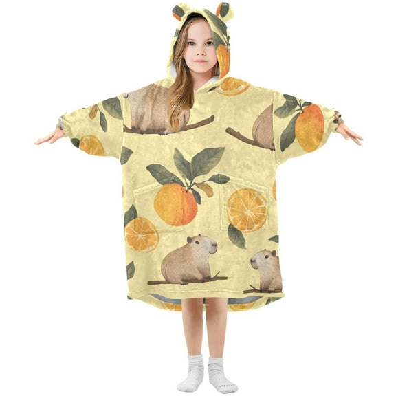 Cute Capybaras with Oranges Leaves Flannel Wearable Blankets Hooded Design Long Sleeves Wrap Unisex for 3T-14Y S