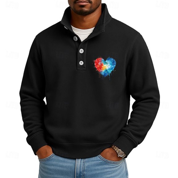 Nokdvo Men’s Sweatshirts Trendy Stand Collar Quarter Button Up Sweatshirts Baggy Fall Winter Printed Solid Color Casual Long Sleeve Pullover Top,Black M