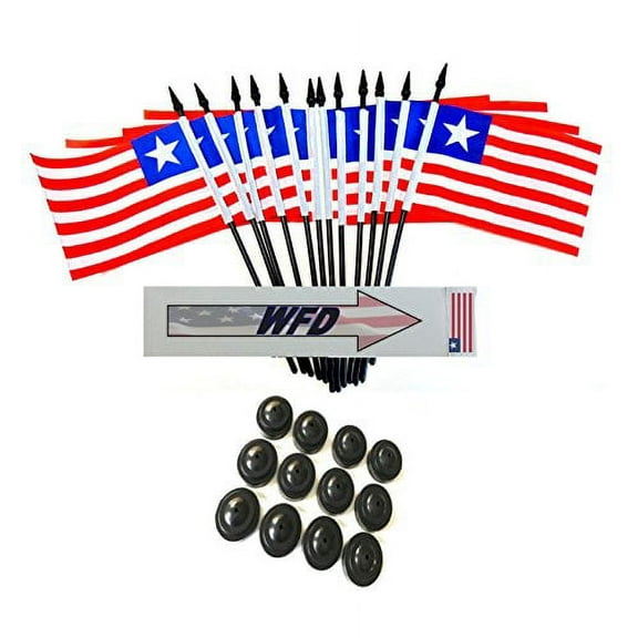 Pack of 12 4"x6" Liberia Polyester Miniature Office Desk & Little Table Flags, 1 Dozen 4"x 6" Liberian Small Mini Handheld Waving Stick Flags with 12 Flag Bases (Flags with Stands)