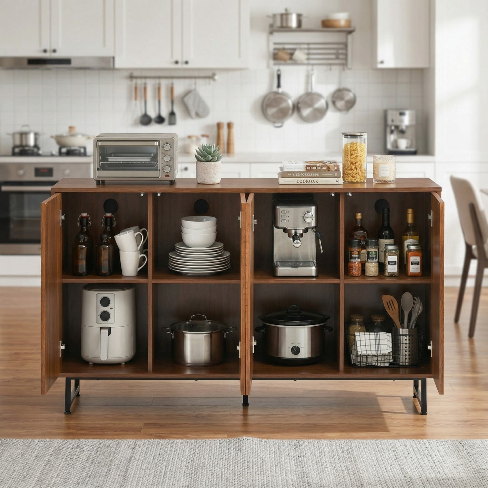 Mid Century Modern Sideboard Cabinet, 59" Walnut Buffet Cabinet with Geometric Carved Doors, Storage Credenza with Metal Legs, Multi-Purpose Cabinet for Living Room Dining Room Entryway