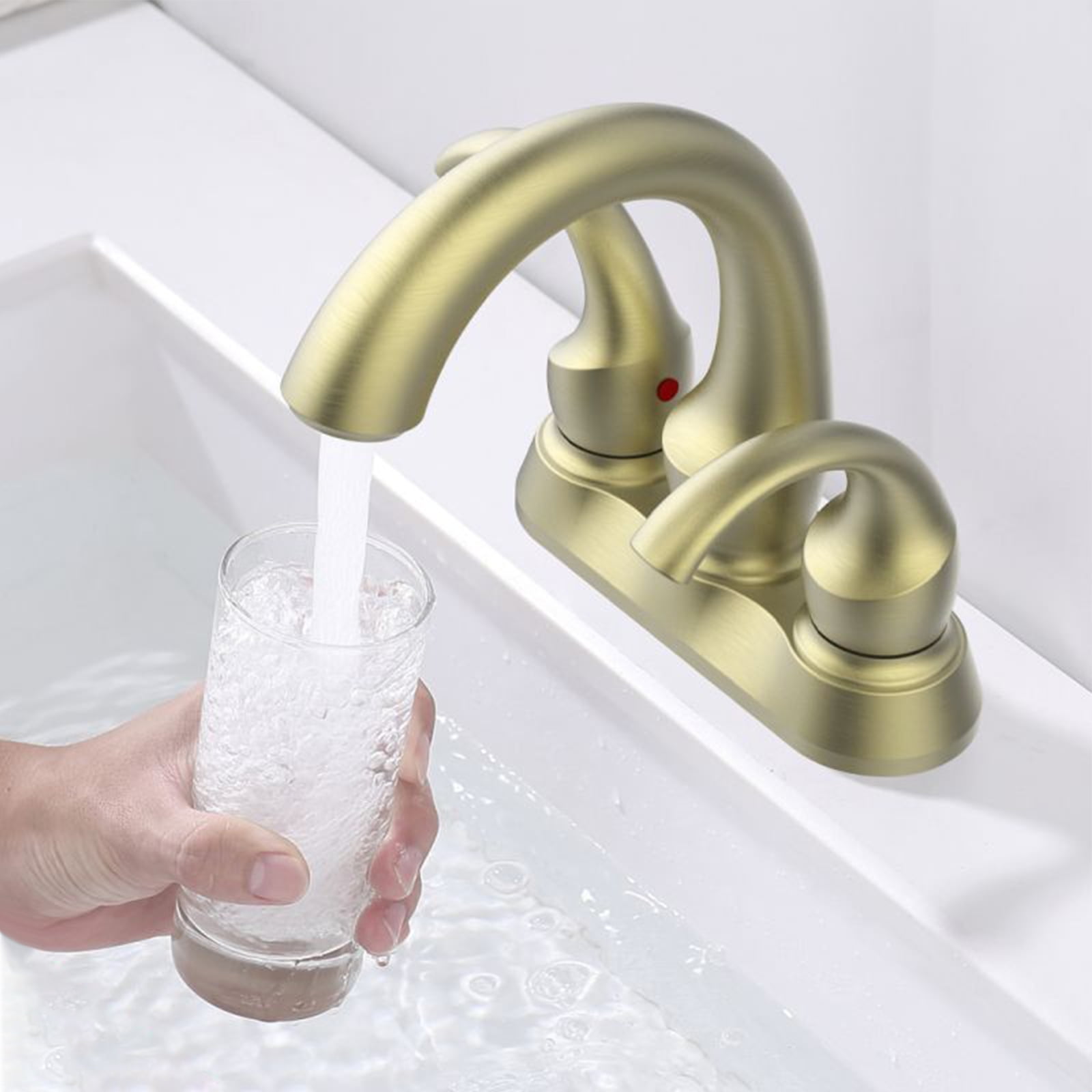Cobbe 2-Handle Swan Style Bathroom Sink Faucet with Aerator 4-inch Centerset Vanity Sink with Pop-Up Drain and Supply Hoses  Brushed Gold