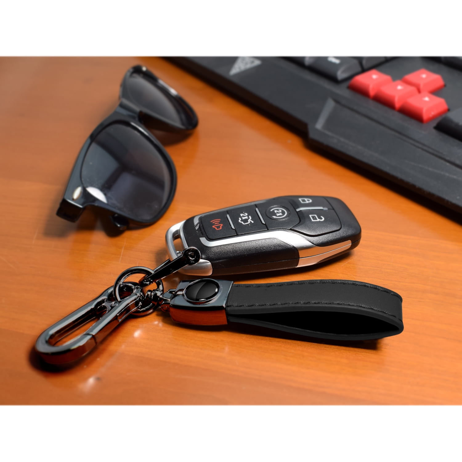 iPick Image for Mopar Logo in Black on Black Leather Loop-Strap Dark Gunmetal Hook Key Chain, Official Licensed