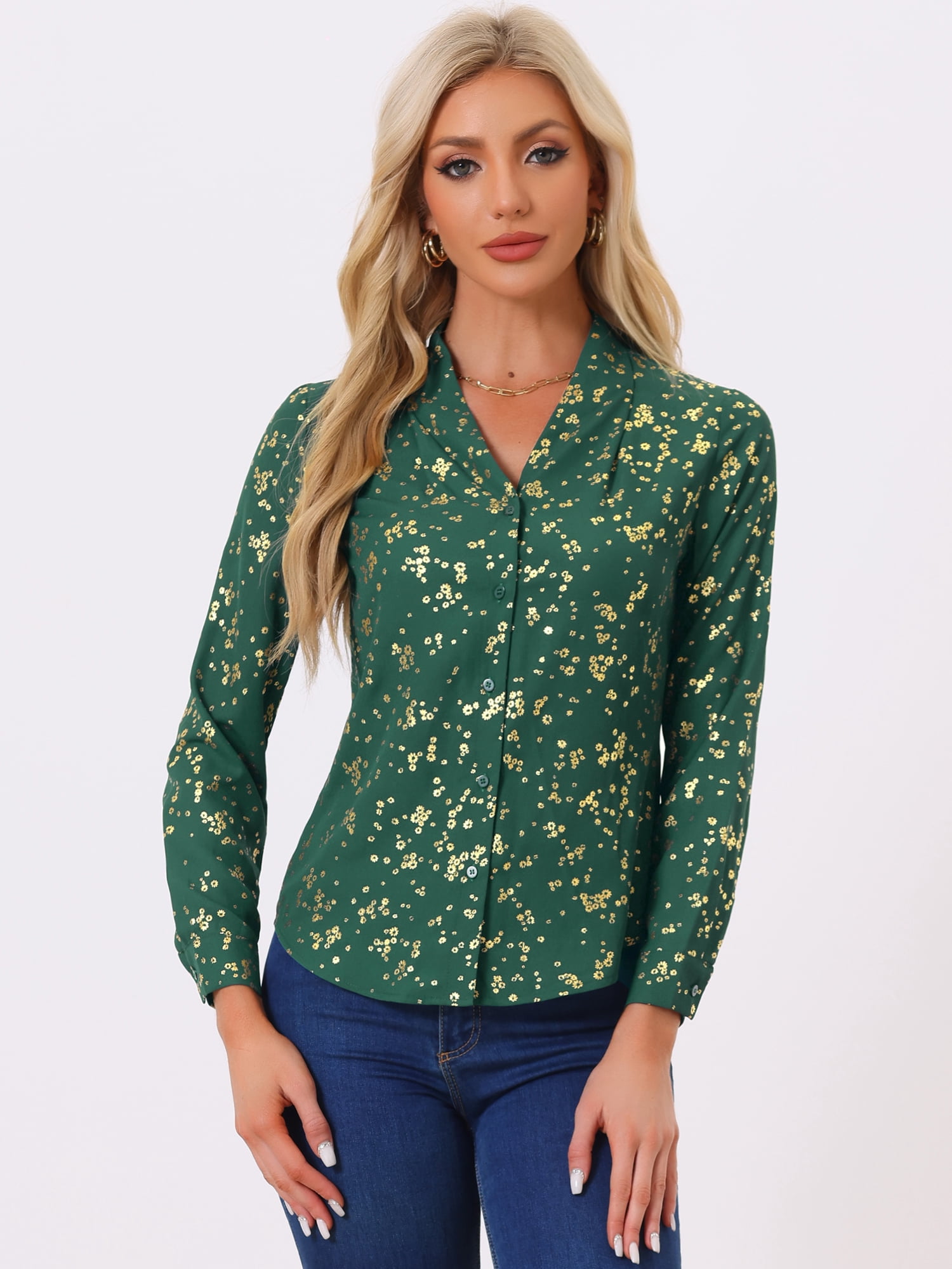 DARING DIVA Stand Collar Metallic Dots Stars Blouse Top S Green-Floral