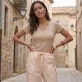 thumbnail image 6 of Inglocry Womens Faux Linen Striped Barrel Pants Comfy Drawstring Capri Pant Summer Beach Vacation Lounge Trousers with Pockets Beige L, 6 of 7