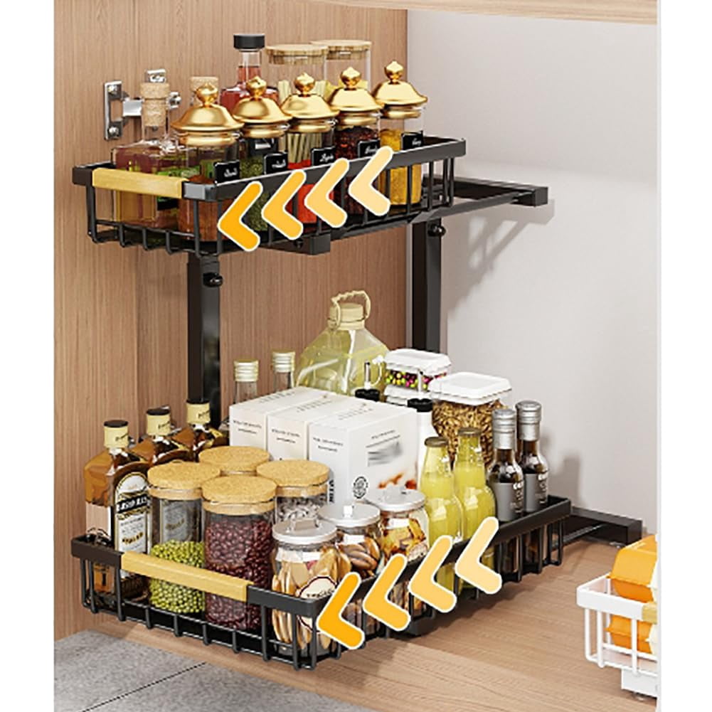 Under Sink Organizer, Metal Pull Out Cabinet Organizer Shelf, High Adjustable 2 Tier Under Kitchen Sink Organizer, for Home, Laundry, RV, Pantry
