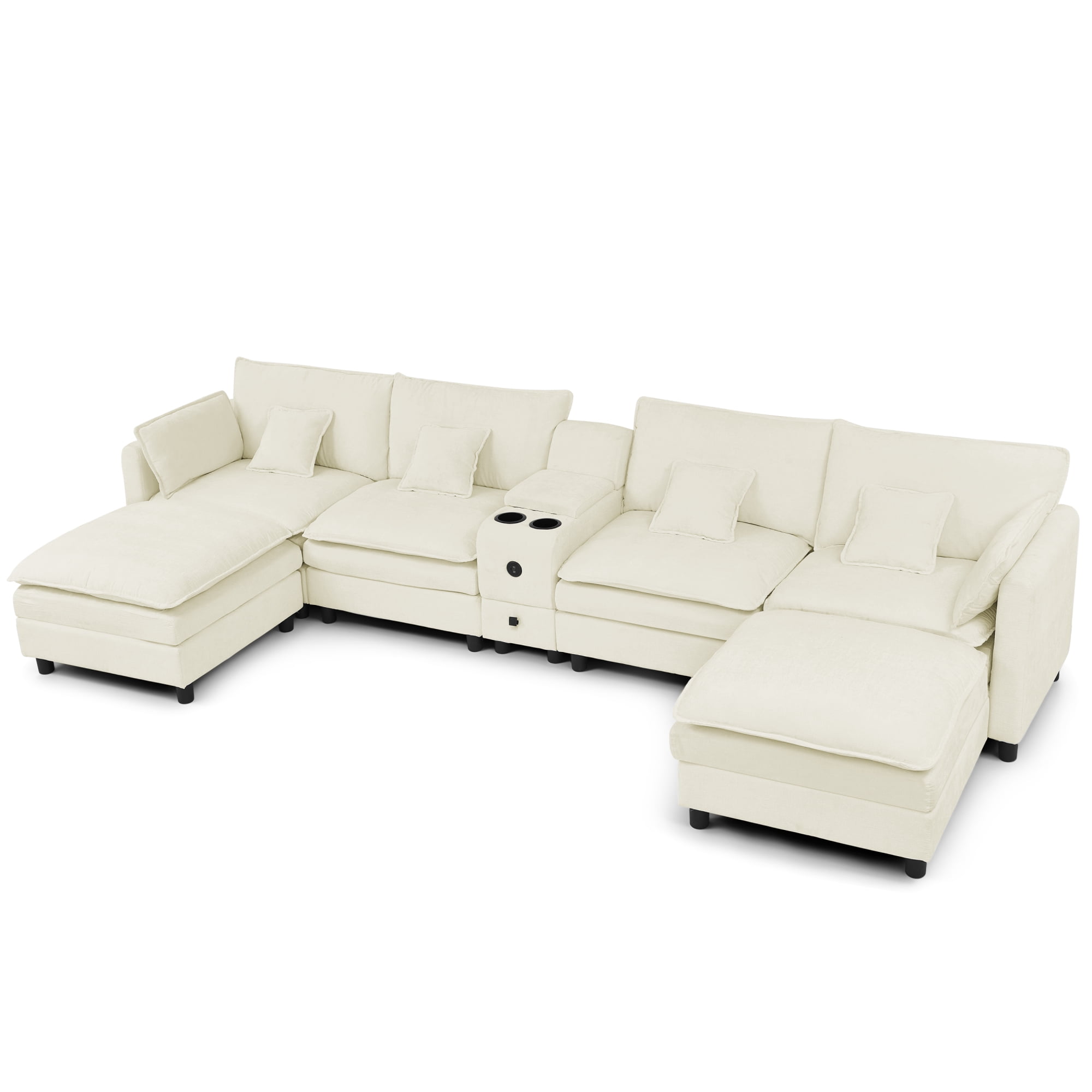 Modular U-Shaped Sectional Sofa with Reversible Chaise, USB Charging Ports & Storage Drawer, 6-Seater Sofa Couch with Flip-Top Cup Holder Console, Arm Pockets & Detachable Cushions