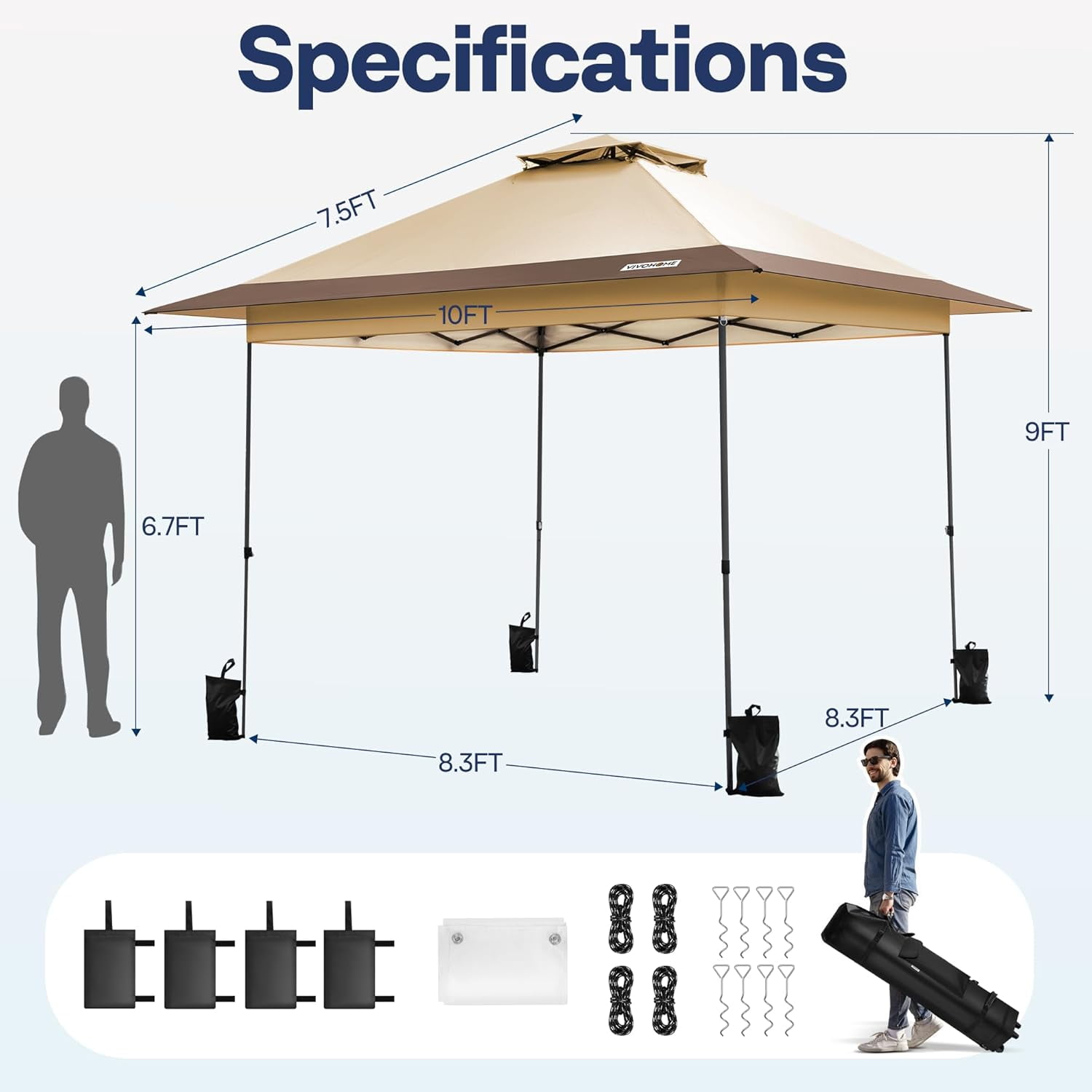 SPECSTAR 10x10ft Pop Up Gazebo Tent One Push Setup Canopy Tent Heavy Duty with Wheel Carry Bag and 4 Sandbags, 2 Tiers Roof for Patio Garden Backyard, Beige