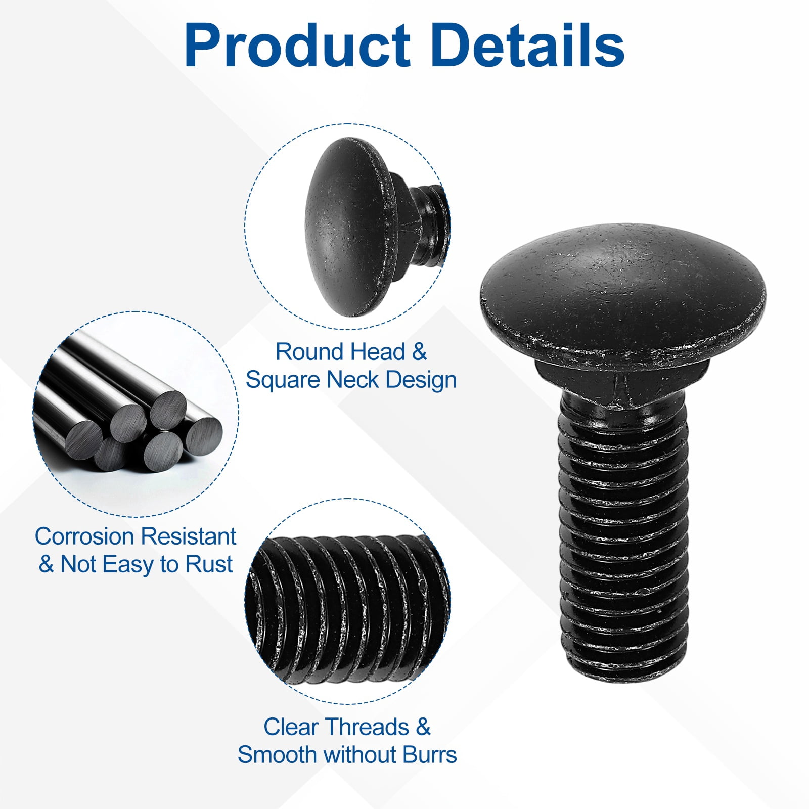 Uxcell 25Pack 1/2"-13x1-1/2" Carbon Steel Carriage Bolts Round Head Square Neck, Black