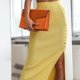 thumbnail image 4 of Falda midi ajustada dividida Cintura alta Decoración de botones Lado dividido Tejido de punto elástico Falda midi ajustada Amarillo claro L, 4 of 6