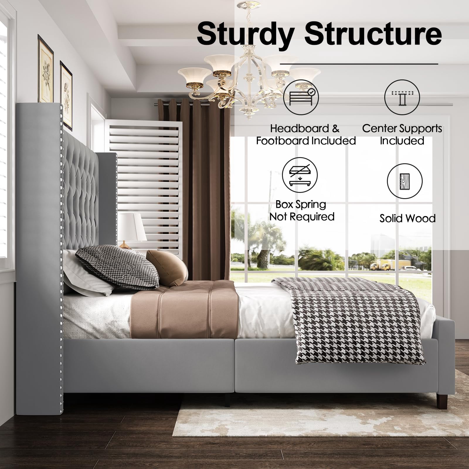 VanAcc King Platform Bed Frame 61.4" Handmade Headboard,Velvet Tall Upholstered Deep Button Tufted,Gray