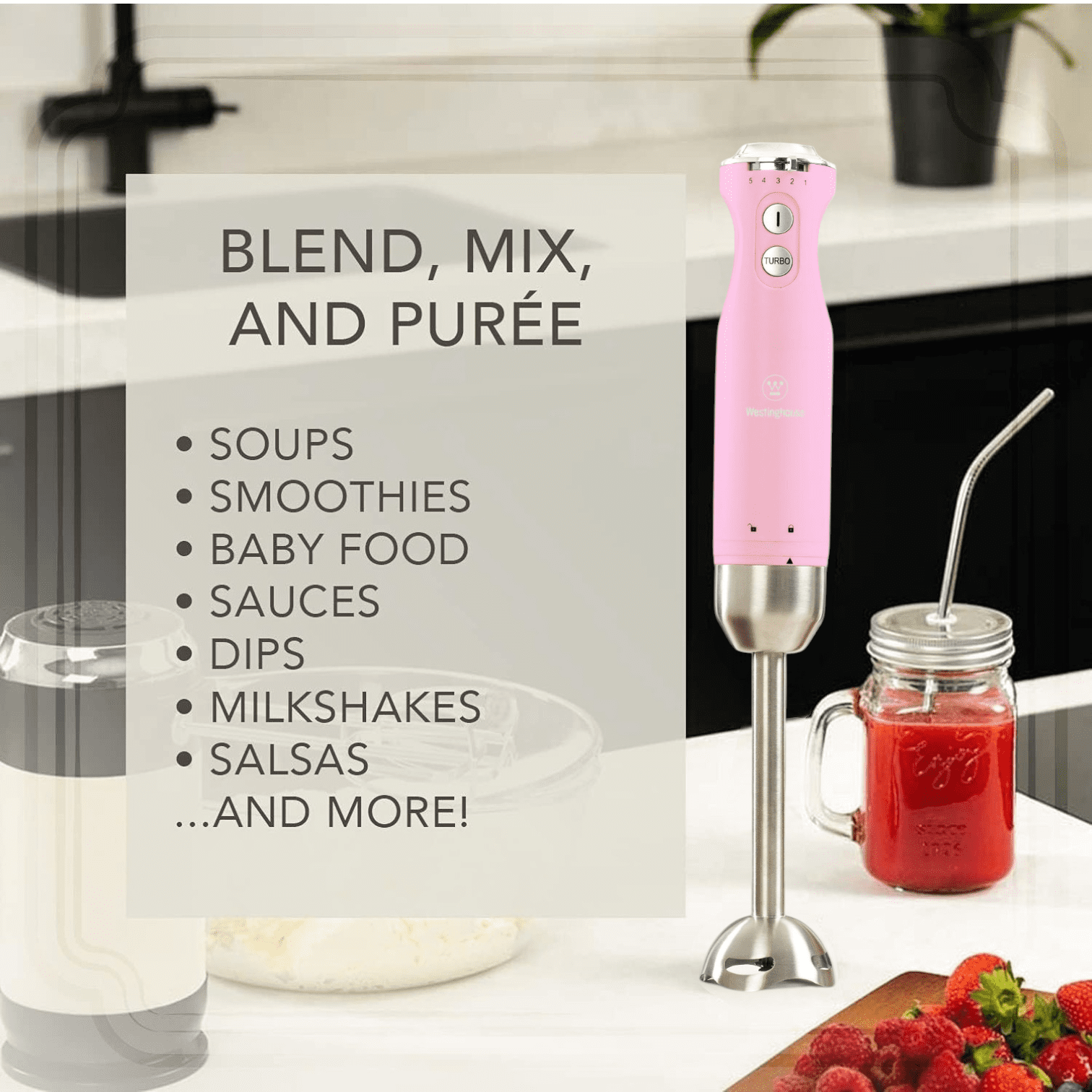 Westinghouse Hand Blender - 5-Speed Immersion Blender with Turbo Function, Stainless Steel Blades & Rod, 500W Power, Detachable Easy Clean Design, Best for Smoothies & Soups - Retro Appliance, Pink