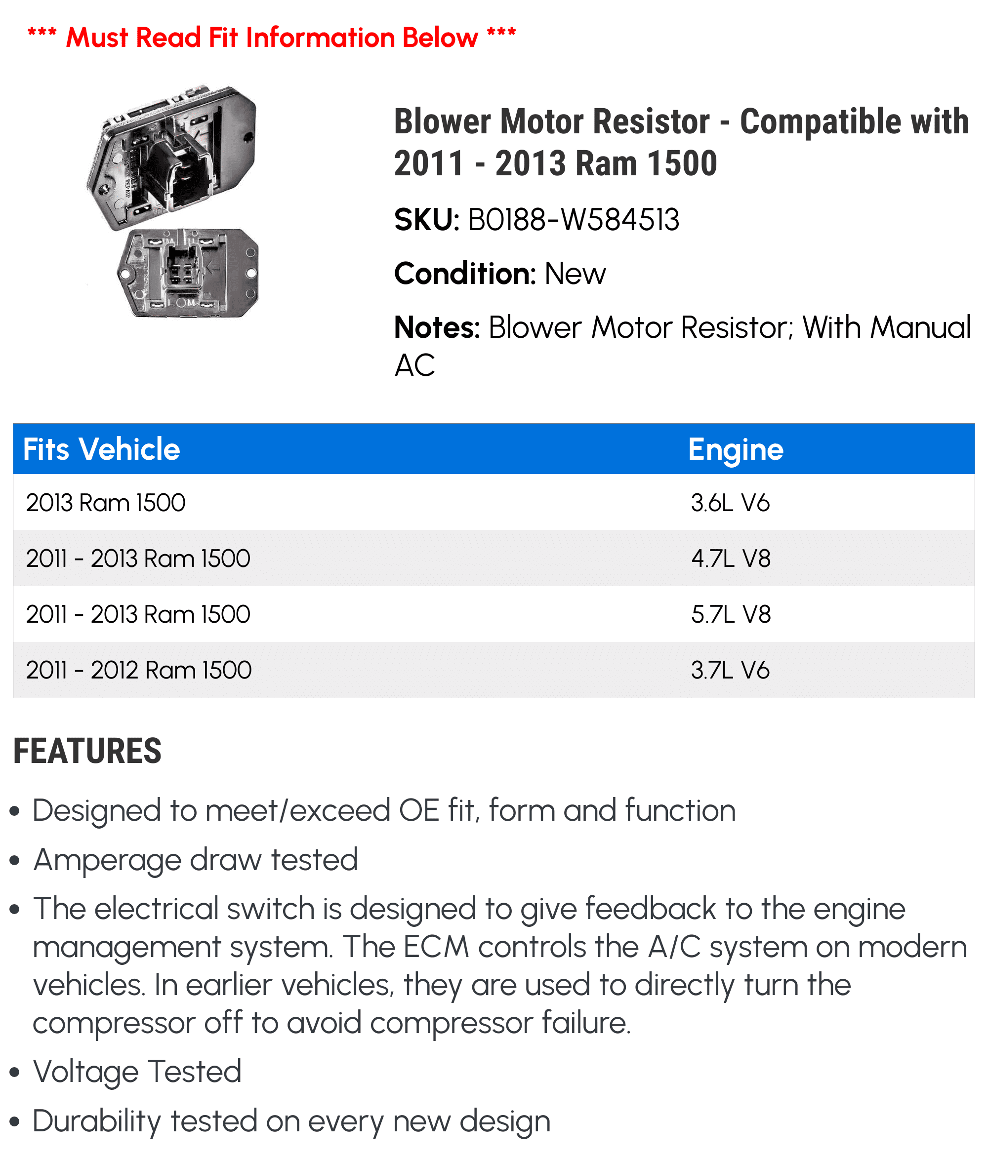 Blower Motor Resistor - Compatible with 2011 - 2013 Ram 1500 2012