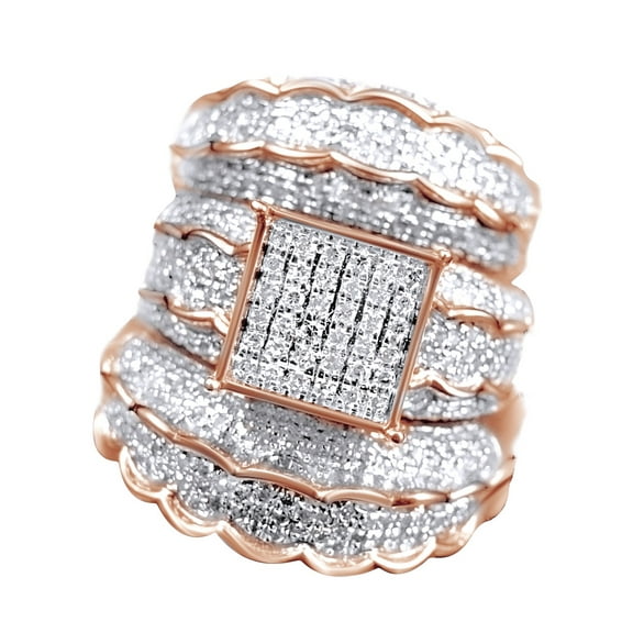 AFFY White Natural Diamond Engagement & Wedding Trio Bridal Ring Set In 10k Rose Gold (1.47 Cttw)