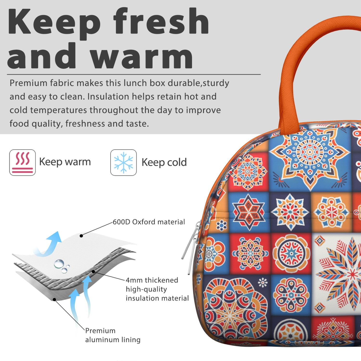 Rustic Bohemian Lunch Tote for Women, Ethnic Style Insulated Lunch Bag with Retro Hippie Patterns, Reusable Leakproof Cooler for Office or Picnic Use