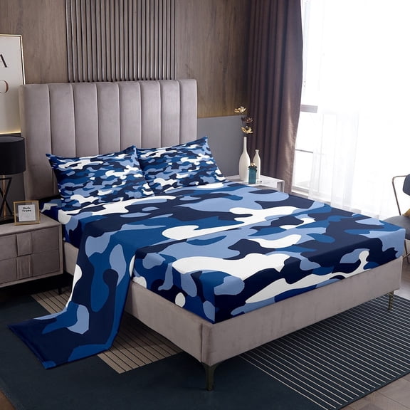 Erosebridal Army Camouflage Bed Sheets Set Twin Size, Dodger Blue Bed Sheets Twin, Military Camo Decor 3pcs