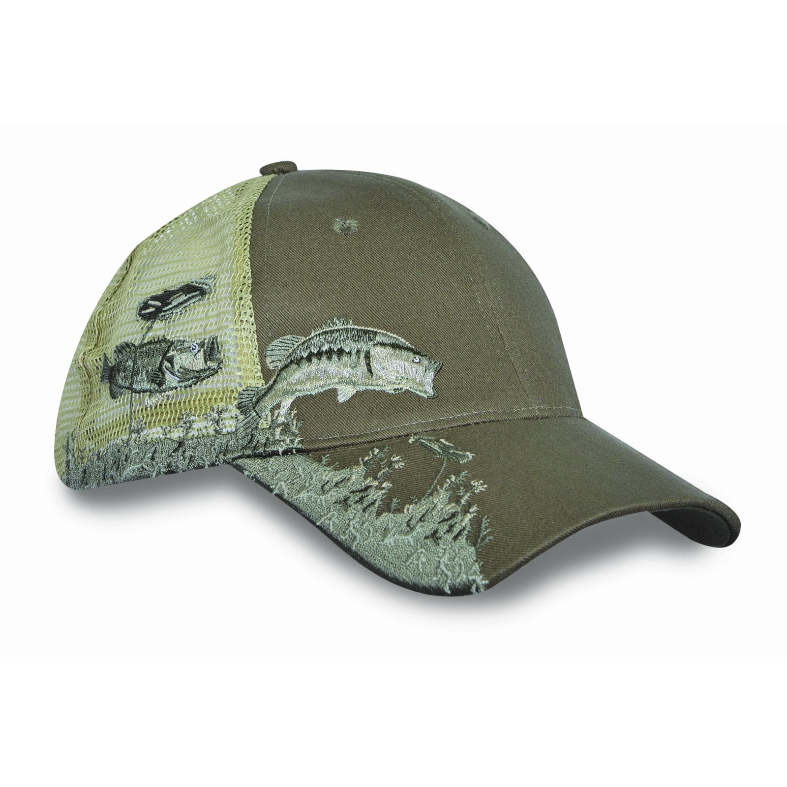 Men's Bass Mesh Hunting Fishing Hat Fish Embroidery, Olive by KC