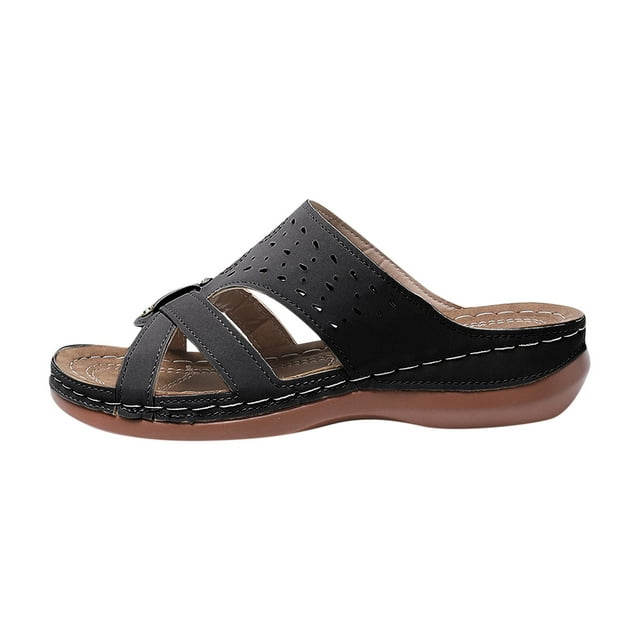 Wedge Sandals for Women Slide Cross Straps Rhinestone Arch Support Open Toe Soft Sole Comfortable Casual Summer Beach Walking Sandals Black