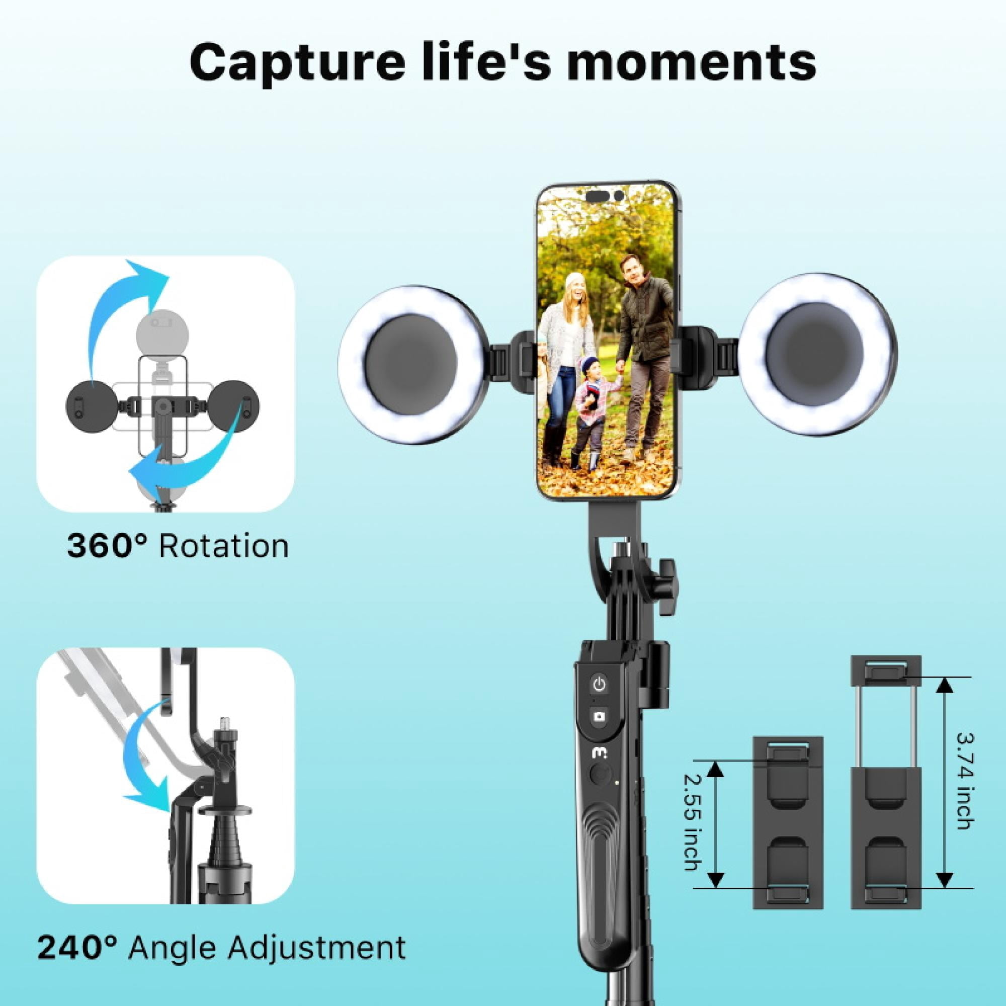 Smart Auto-Tracking Selfie Tripod with Wireless Remote & Dual Ring Lights – 360° Rotation, Face Tracking No App Need