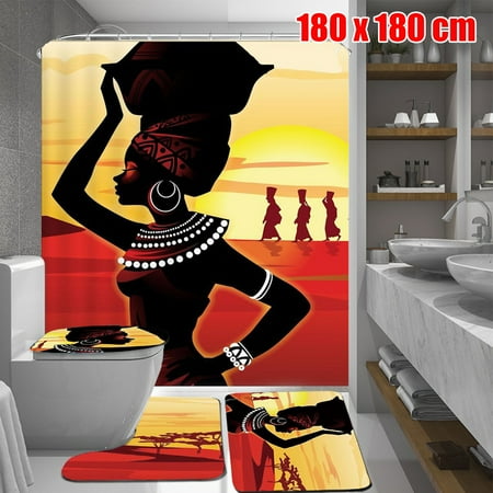 Set Bathroom African Girl Waterproof Fabric Shower Curtain With 3pcs Toilet Cover Mats Non-Slip Rugs Bathroom Set Gifts,Multi-Pattern ()