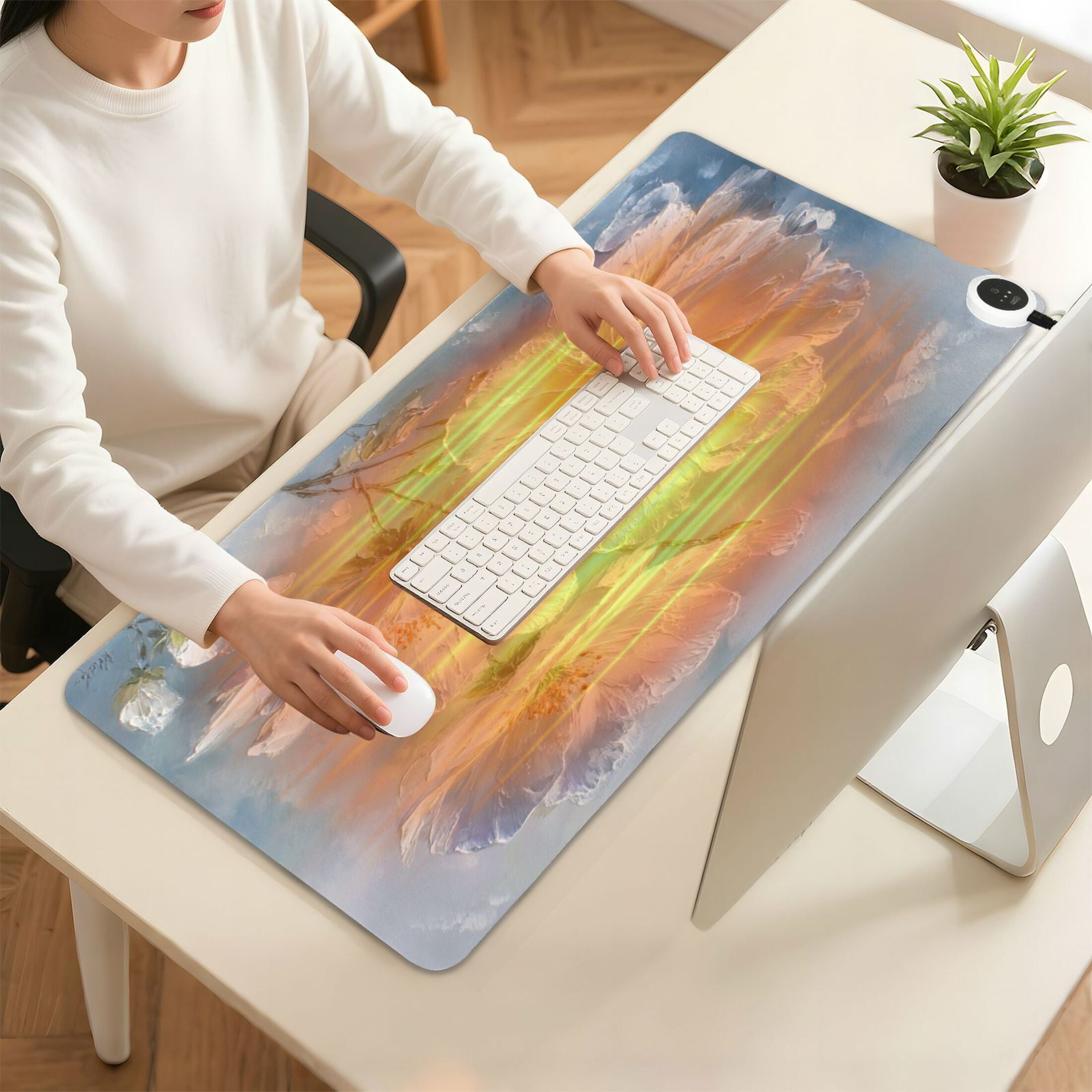 Wobogo White Flowers Heated Mouse Pad Extra-Large Desk Mat With 3 Heating Levels and 3-hour Auto Shut-Off Protection Ideal for Computer Keyboards Home Office Hand-warming Essential 31.5in × 13in