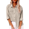 thumbnail image 2 of Women Shirts Button Down Solid Color Lapel Collared Spring Tops Summer Long Sleeve Dressy Casual Work Blouses Business, 2 of 4