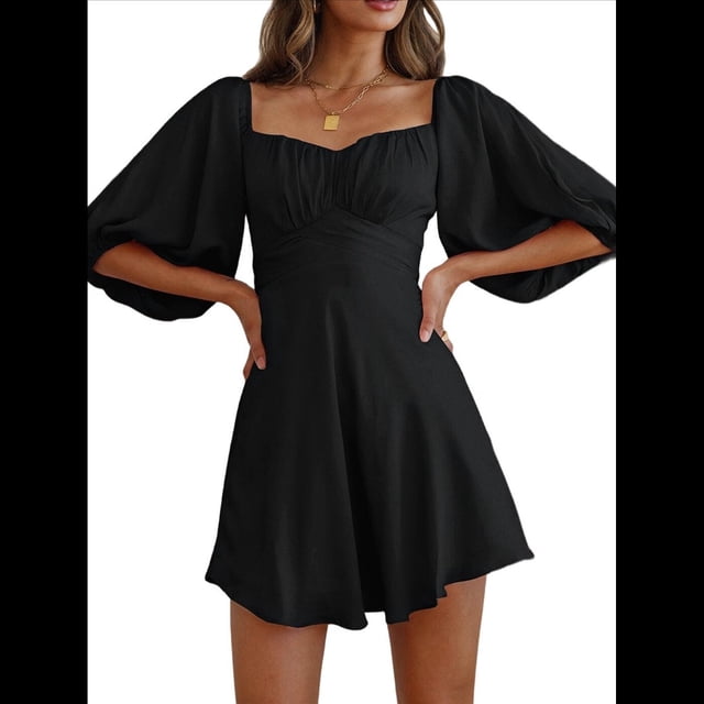 Vestidos de Verano para Mujer, Cuello Cuadrado, Espalda Anudada, Mangas Farol, Volantes, Vestido Informal de Corte A Negro S